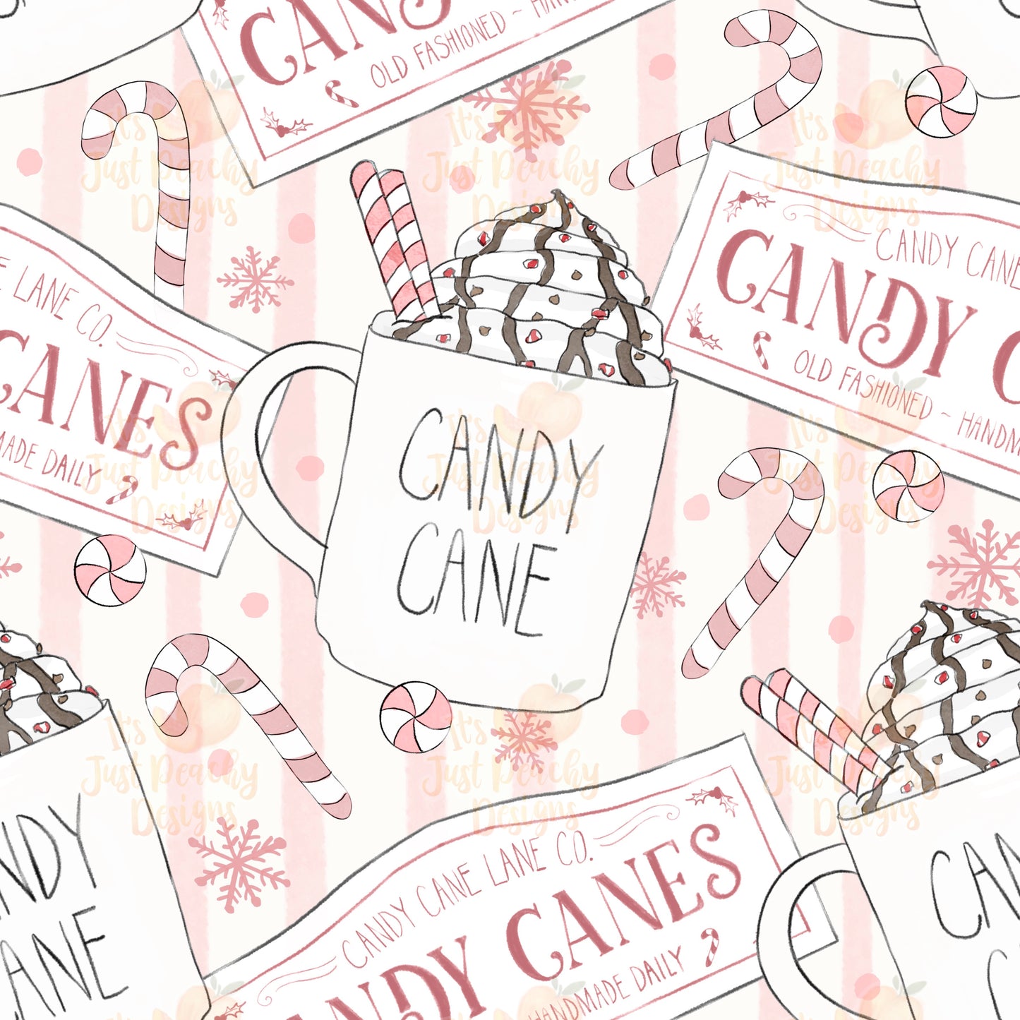 Vintage Pink Candy Cane Mugs - Multiple Background Options