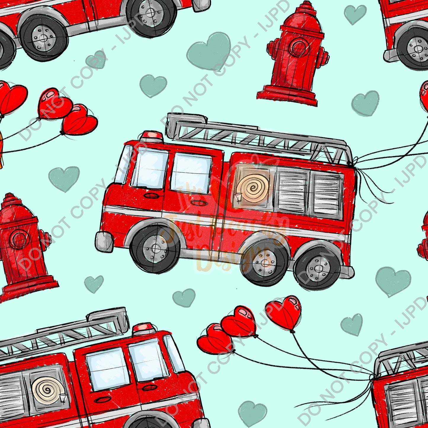 Valentine’s Fire Trucks- Mini Collection - PNG and Seamless