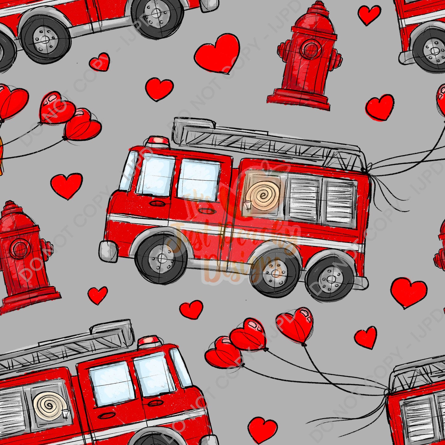 Valentine’s Fire Trucks- Mini Collection - PNG and Seamless